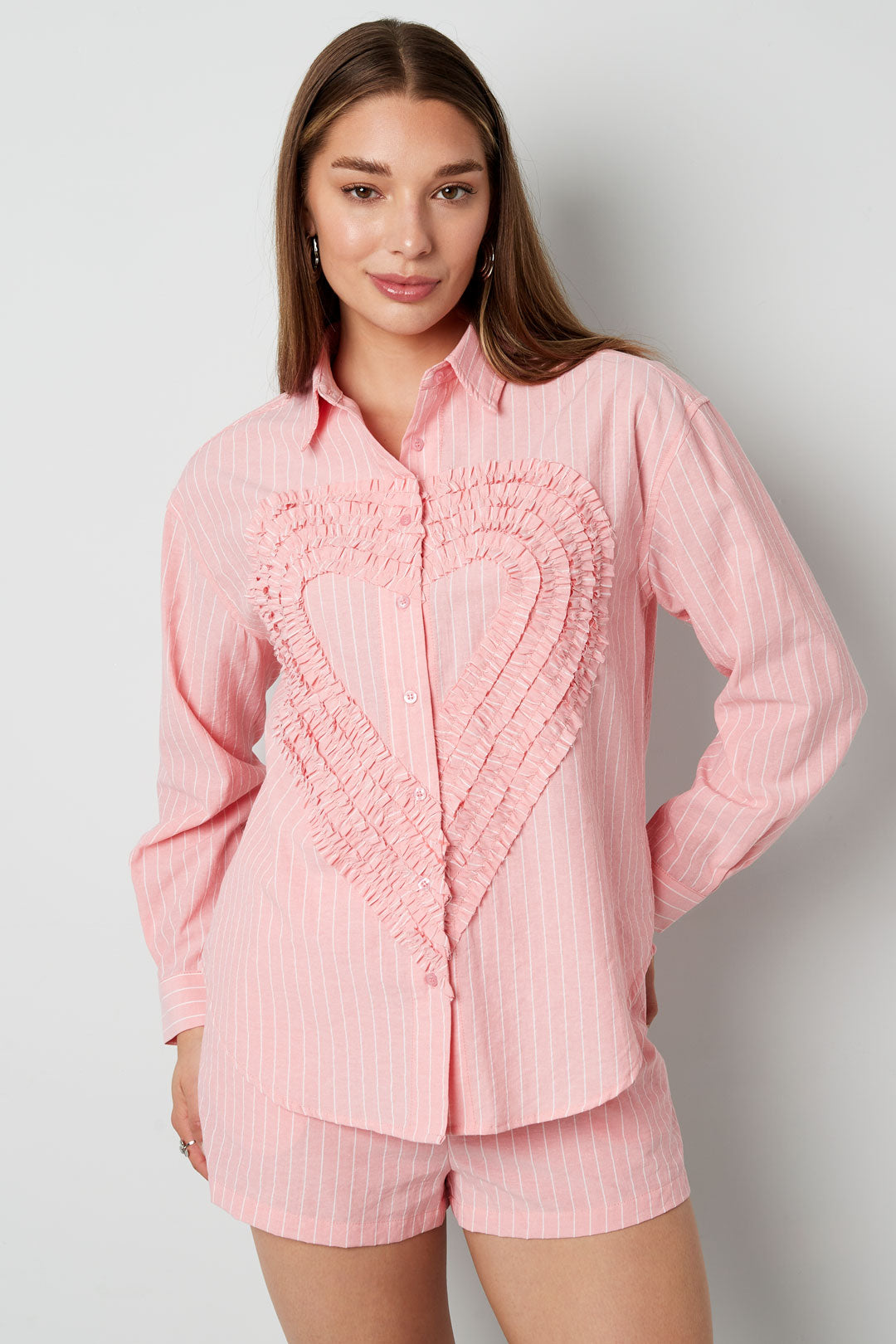 Cotton Woven Women's Blouse Casual Stripes Heart Ruffle Detail