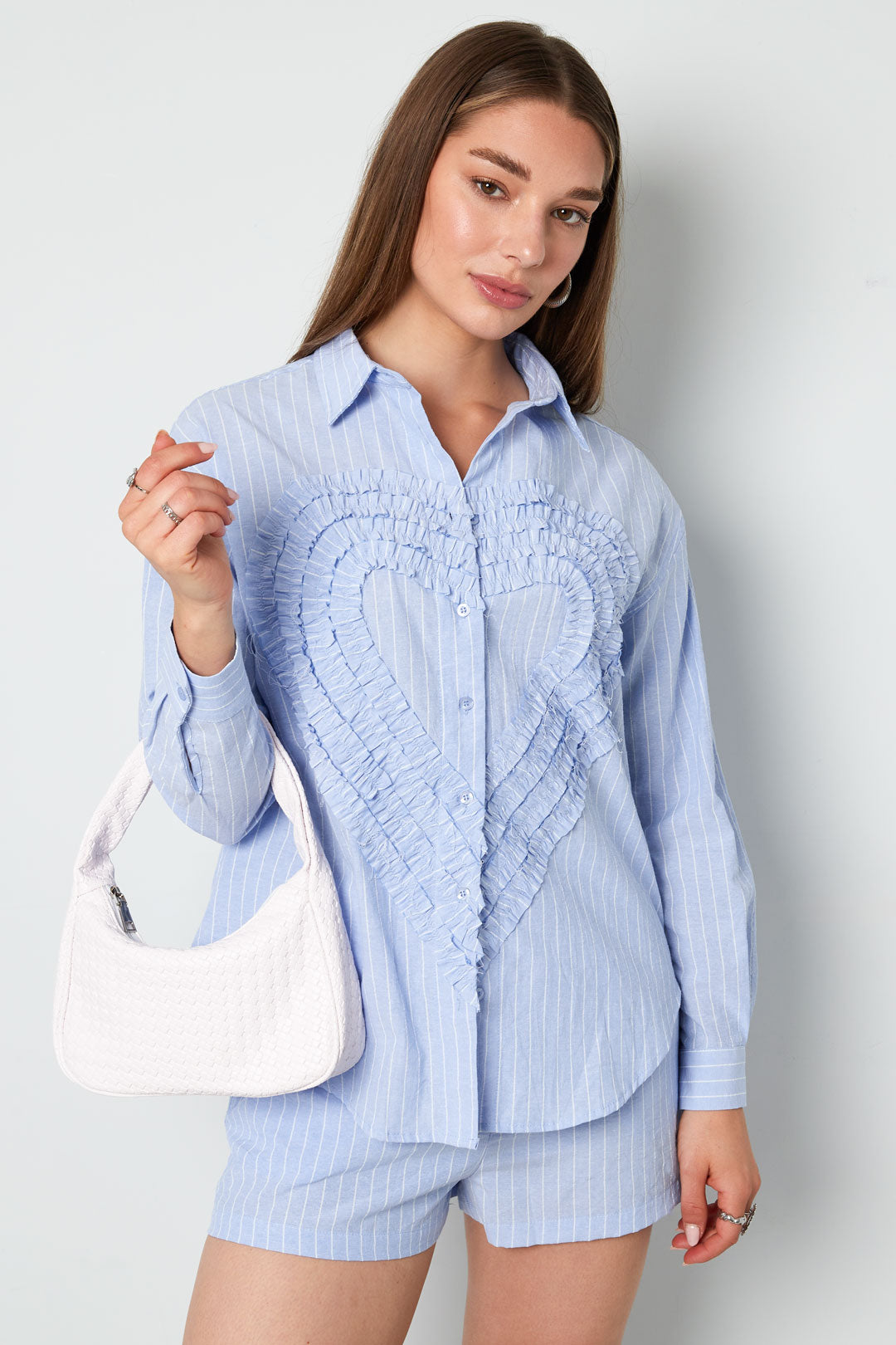 Cotton Woven Women's Blouse Casual Stripes Heart Ruffle Detail